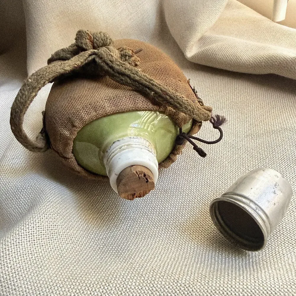 1900s–1920s Japanese Sakebin, Celadon-Glazed Flask in Hemp Sling, Nanaga City
